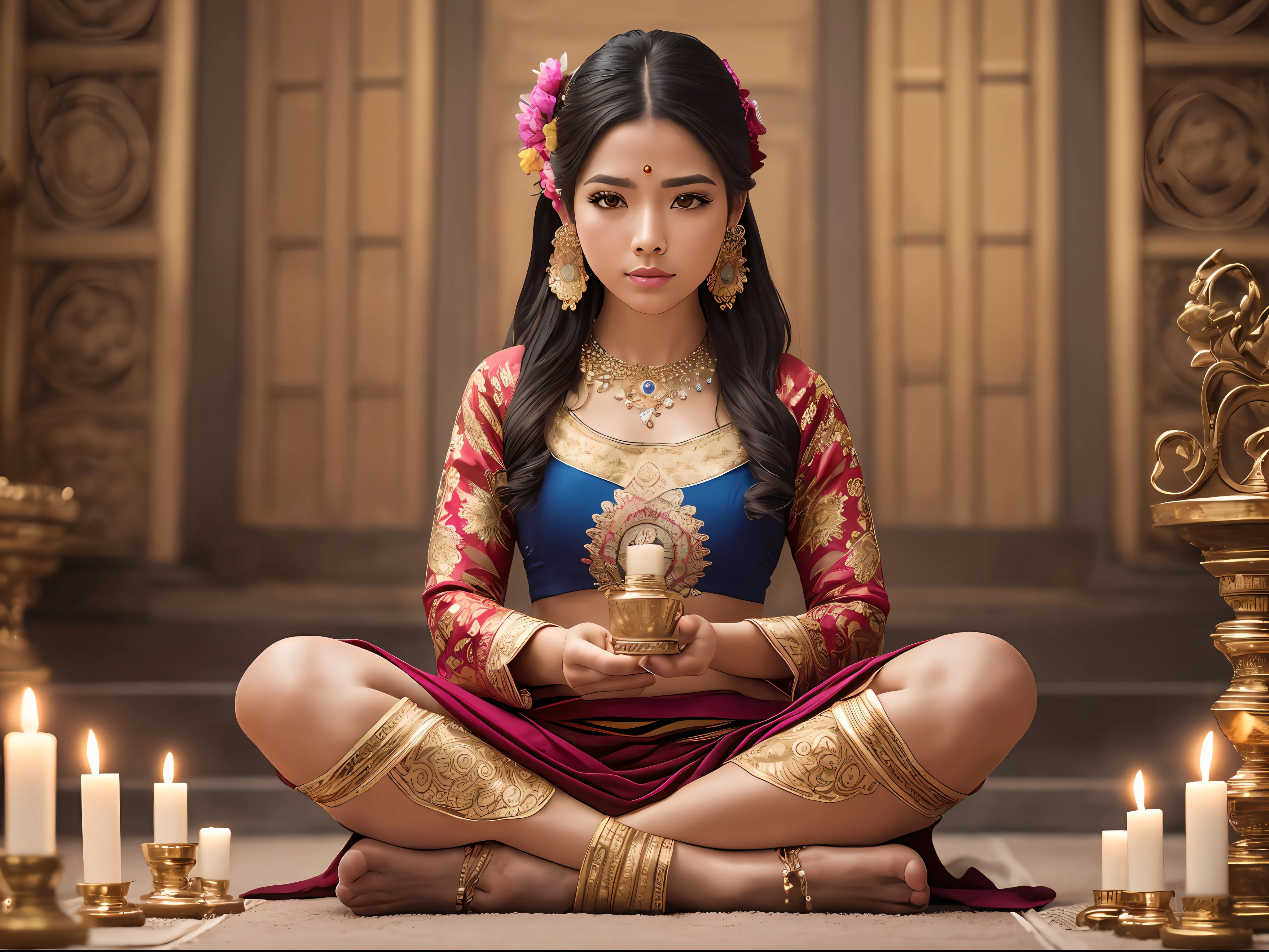 FOTO RAW, Intricate photo of a woman in very beautiful Tibetan clothes sitting on the floor in lotus position, don't show your feet, (with non-visible feet hidden in the fabric of clothing), (((playing Tibetan Cups))), on a temple background with candles and incense on the ground, (cabelos vermelhos ondulados), olhos dourados, corpo bem definido, High resolution 64k, sem serrilhados, Extremely sharp image without blur, (detalhado), HDR, render unidade, papel de parede,, (altamente detalhado, hiperdetalhado, intrincado ), (lens flare:0.7), (bloom:0.7), particle effects, raytracing, cinematic lighthing, profundidade de campo rasa, fotografado em um Sony Alpha 1, lente grande angular de 36 mm, foco nítido, arte de artgerm, cinematic film