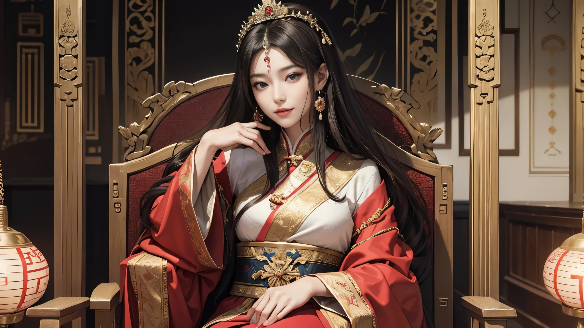 (8K, RAW photo, highest quality, masterpiece: 1.2), (realistic, realistic: 1.37), 1 girl, ancient China、In a room in the imperial court at the end of the Later Han Dynasty、The empress is sitting in a luxurious chair。The empress is華やかな服装で神々It has a nice aura of atmosphere.。The empress is綺麗な顔立ちで、She is wearing the fashionable hair ornaments of the time.。The empress is、He is smiling and facing forward.。