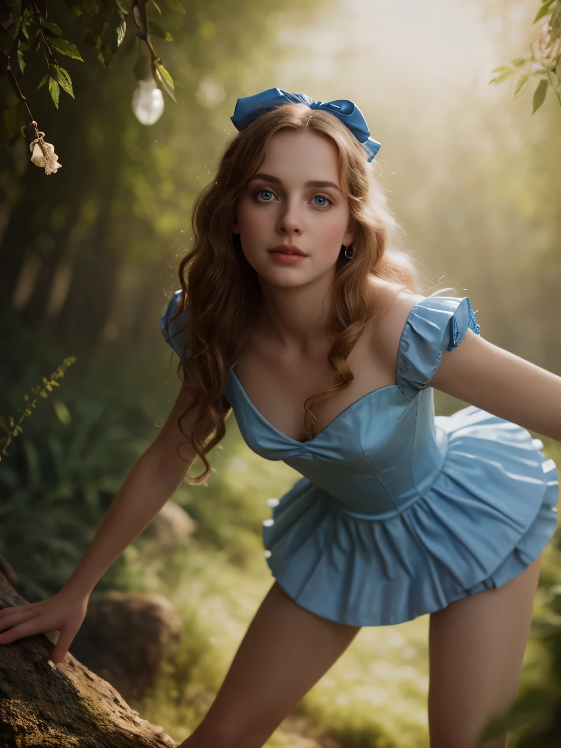 (Realistic:1.2), Photorealistic, Alice in Wonderland, view from bottom, cute sexy, small blue dress, cinematic lighting, ethereal light, complex parts, extremely detailed, full color, surrealistic detailed fairytale background, rich colors, cinematic, detailed beautiful eyes and perfect face, anslog photo style, depth of field, bokeh, 16k best quality