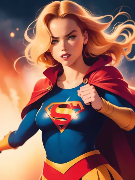 (((Comic style, Cartoon realistic))) . In the center of the image, Supergirl hovers over the city of National City, her eyes shi...