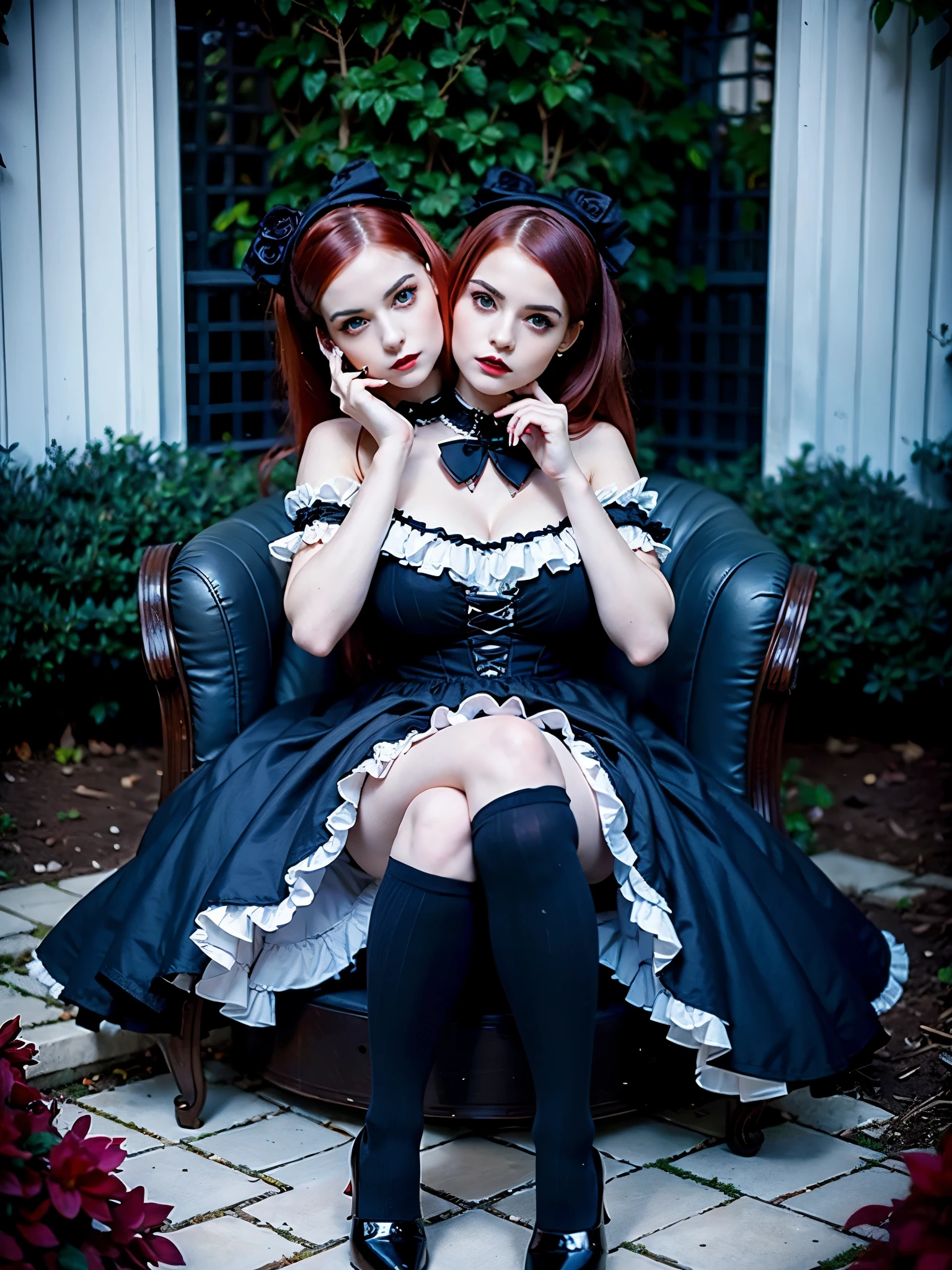 Two headed Goth Lolita girl, 2heads, curvy, age 21, pale skin, dark eyes, sitting in an outdoor garden, dark blue elegant Lolita dress, dark red hair in white ribbons, knee high socks, black heels, legs crossed, very realistic,