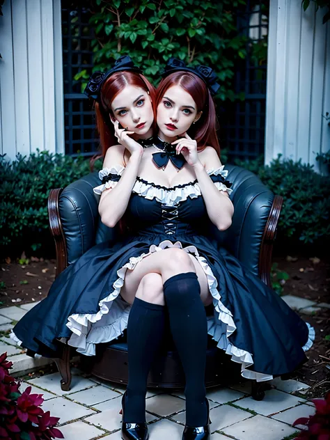 Two headed Goth Lolita girl, 2heads, curvy, age 21, pale skin, dark eyes, sitting in an outdoor garden, dark blue elegant Lolita...