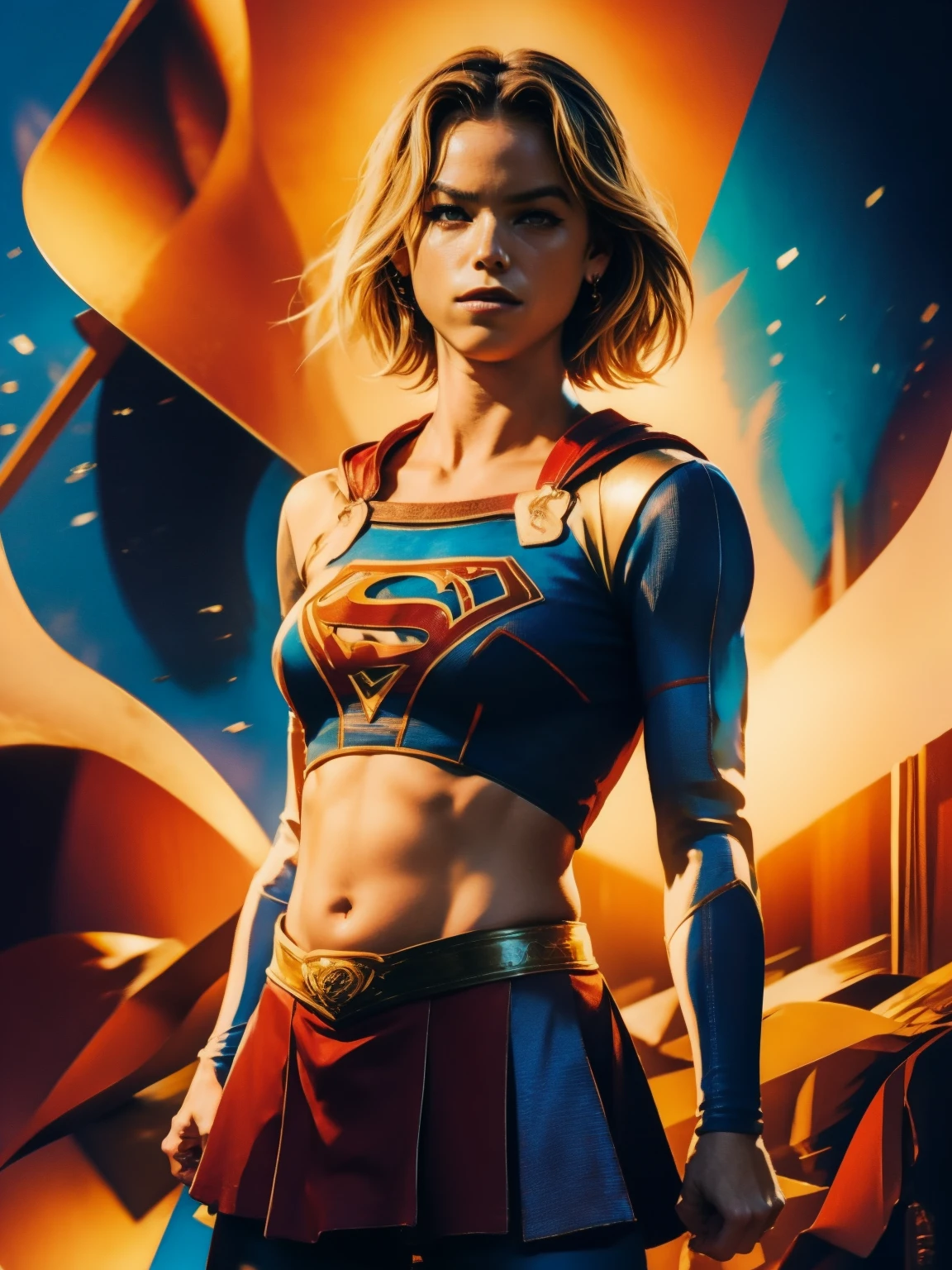 ملصق السينما. (((اسلوب كوميدي, فن الرسوم المتحركة))). Supergirl يطرح لالتقاط الصورة (((في وقفة بطولية ملحمية))) , يرتدي زيه المميز باللونين الأحمر والأزرق, يرتدي تنورة حمراء صغيرة , إظهار البطن . (((الجسم الساخن, أصابع الجمل))). ((((خلفية هزلية مجردة )))) , الوان براقة, مفصلة, مفصلة face, ظلال واقعية ومشرقة, متوهجة.