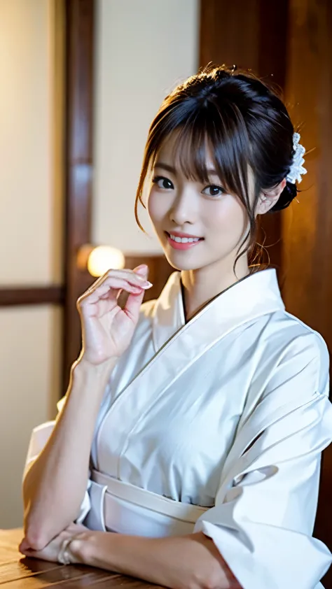 a beautiful woman standing in a wooden log house at night wearing a pure white, thin kimono that does not expose much of her ski...