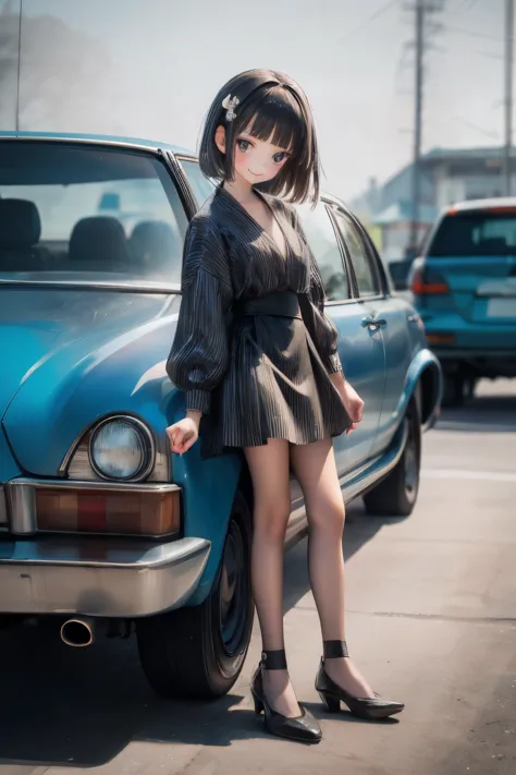 Morning、Girl posing in front of colorful cars in the parking lot near the beach、distinctive hair ornament、cute shoes、smile、shining light、Strong bokeh