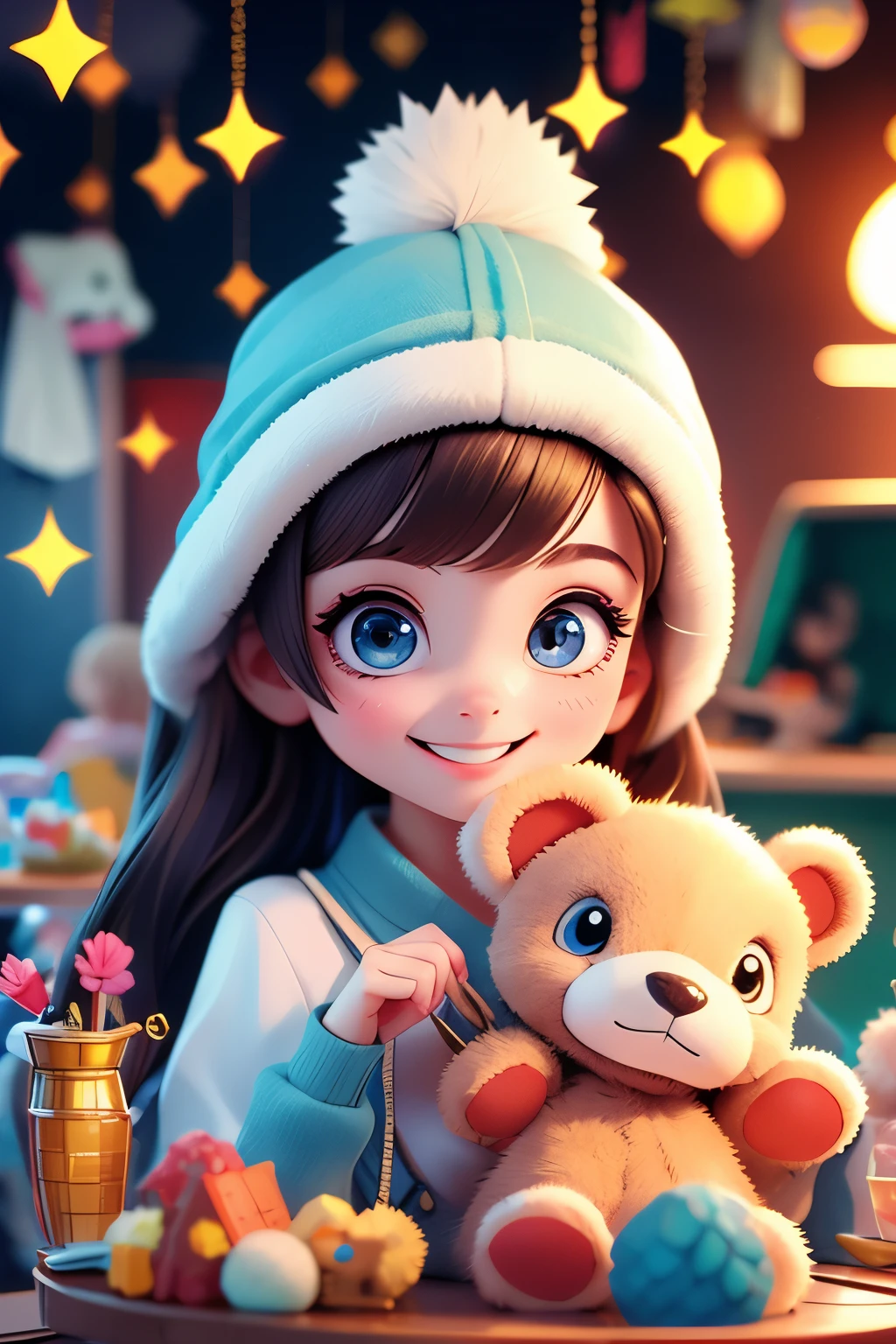 A girl looking into a stuffed animal picking game at a game center、sparkling eyes、smile、