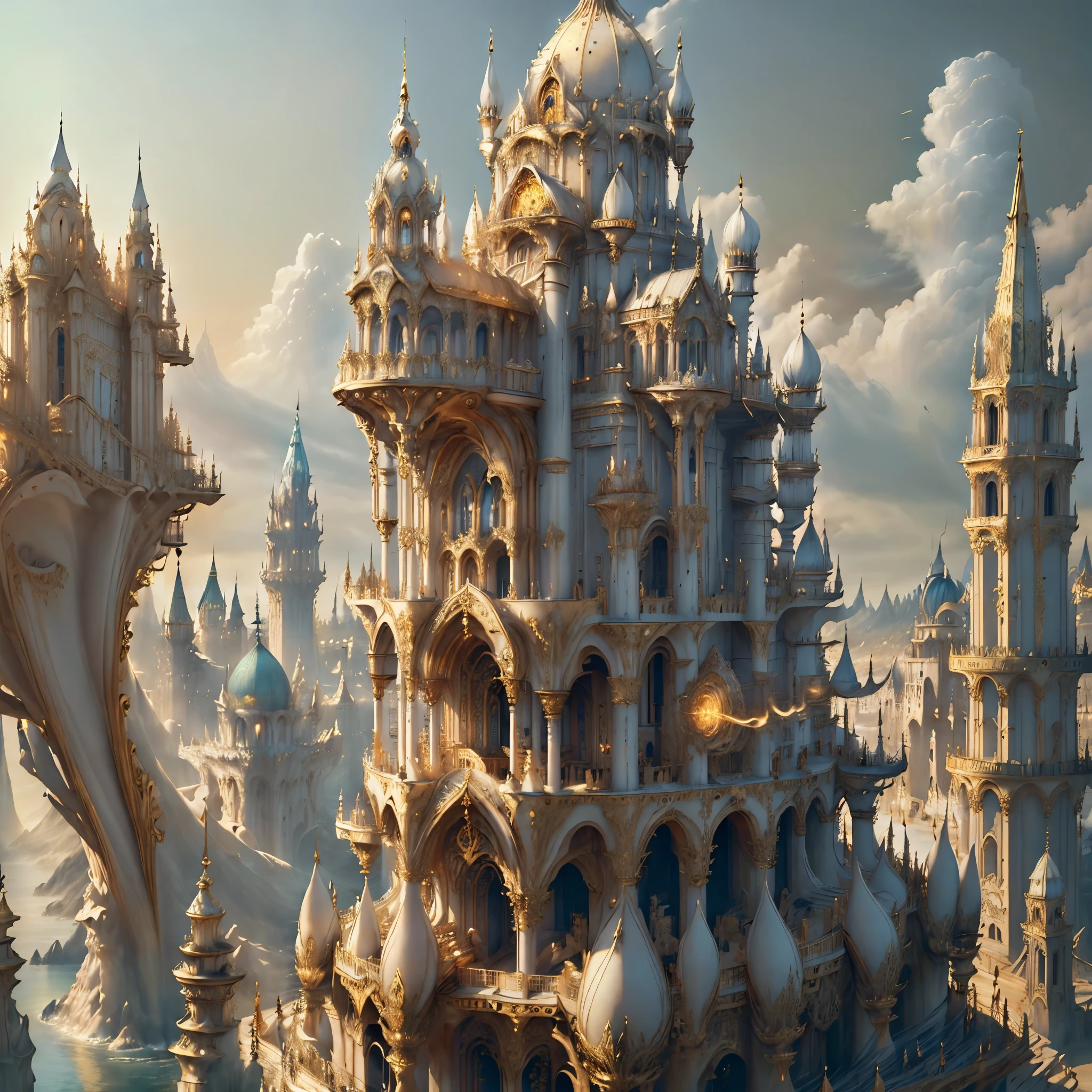 ((((Masterpiece)), Ivory Gold AI City at Night, Isometric, 3D rendering, Very high definition, High detail, There is a big clock on a plate in the water, gorgeous spaceship painting, 4K highly detailed digital art, gorgeous gilded space machine, golden steampunk city atmosphere, fantasy. gondola boat, shocking fantasy 3d rendering, futuristic persian palace, fantasy highly detailed, beautiful detailed fantasy, futuristic palace, detailed fantasy digital art, magic fantasy highly detailed