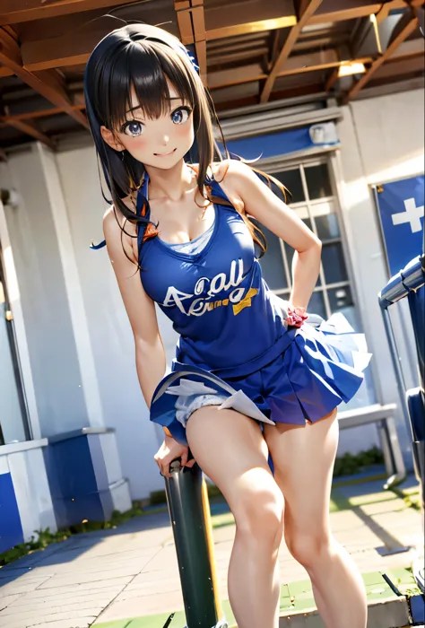 Arafe cheerleaders in blue and white uniforms performing on stage, Chiho, pretty face with arms and legs, Chiho ashima, teenage ...