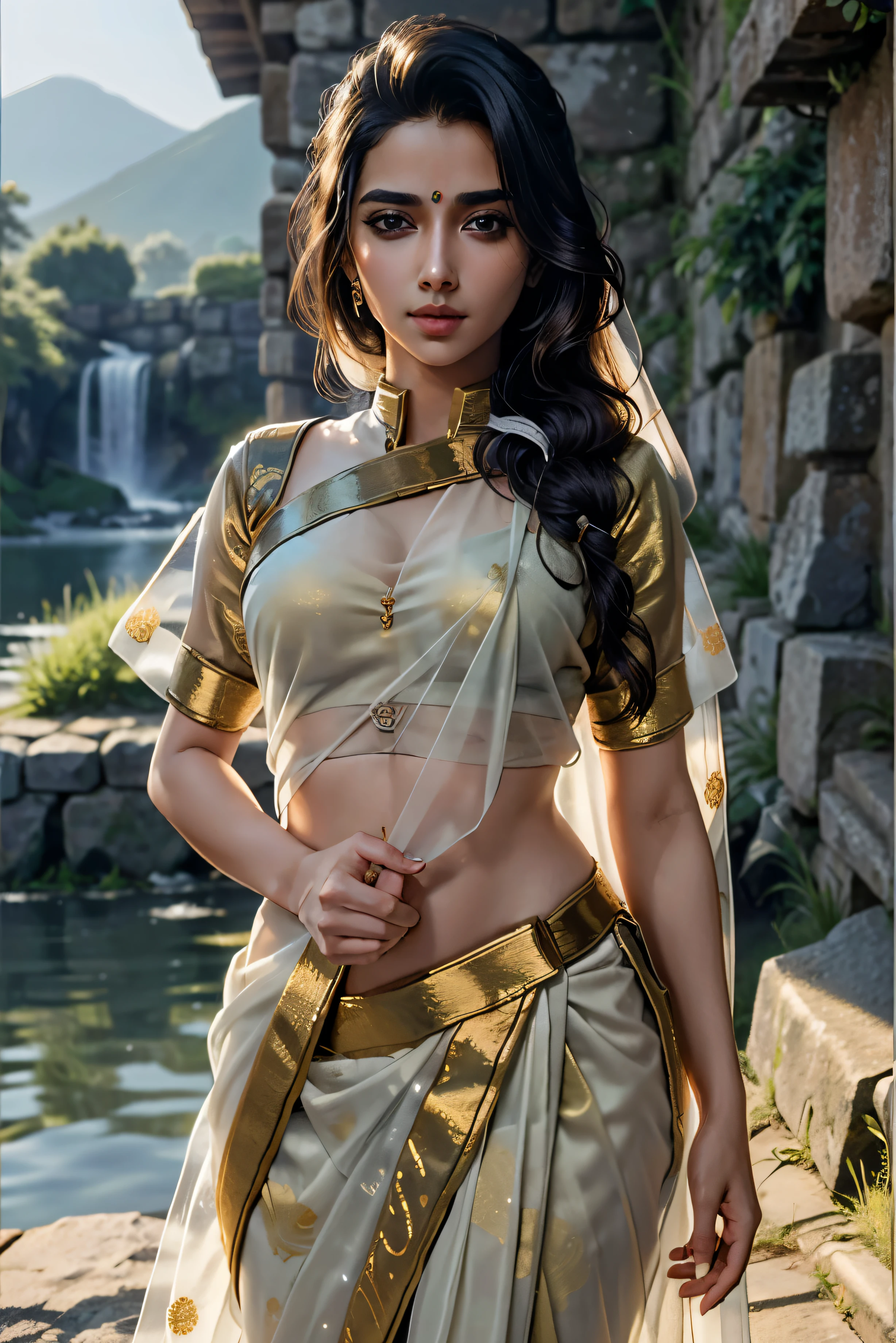 (masterpiece, best quality:1.3)
Beautiful girl in a cinematic nature, 4k, natural face, beautiful, wearing a saree, Indian girl, desi girl