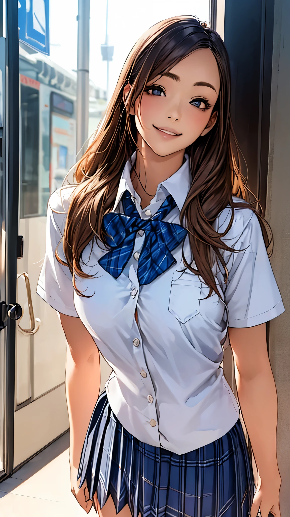 (masterpiece:1.2, top-quality), (realistic, photorealistic:1.4), beautiful illustration, (natural side lighting, movie lighting), 
looking at viewer, 1 girl, japanese, high school girl, perfect face, cute and symmetrical face, shiny skin, slender,
(middle hair:1.5, straight hair, light brown), parted bangs, long eye lasher, large breasts:0.8, 
beautiful hair, beautiful face, beautiful detailed eyes, beautiful clavicle, beautiful body, beautiful chest, beautiful thigh, beautiful legs, beautiful fingers, 
((short sleeve collared white shirt, school uniform, blue checked pleated skirt, blue plaid bow tie)), pink panties, 
(beautiful scenery), morning, (down town), standing, (cute, lovely smile, upper eyes), 