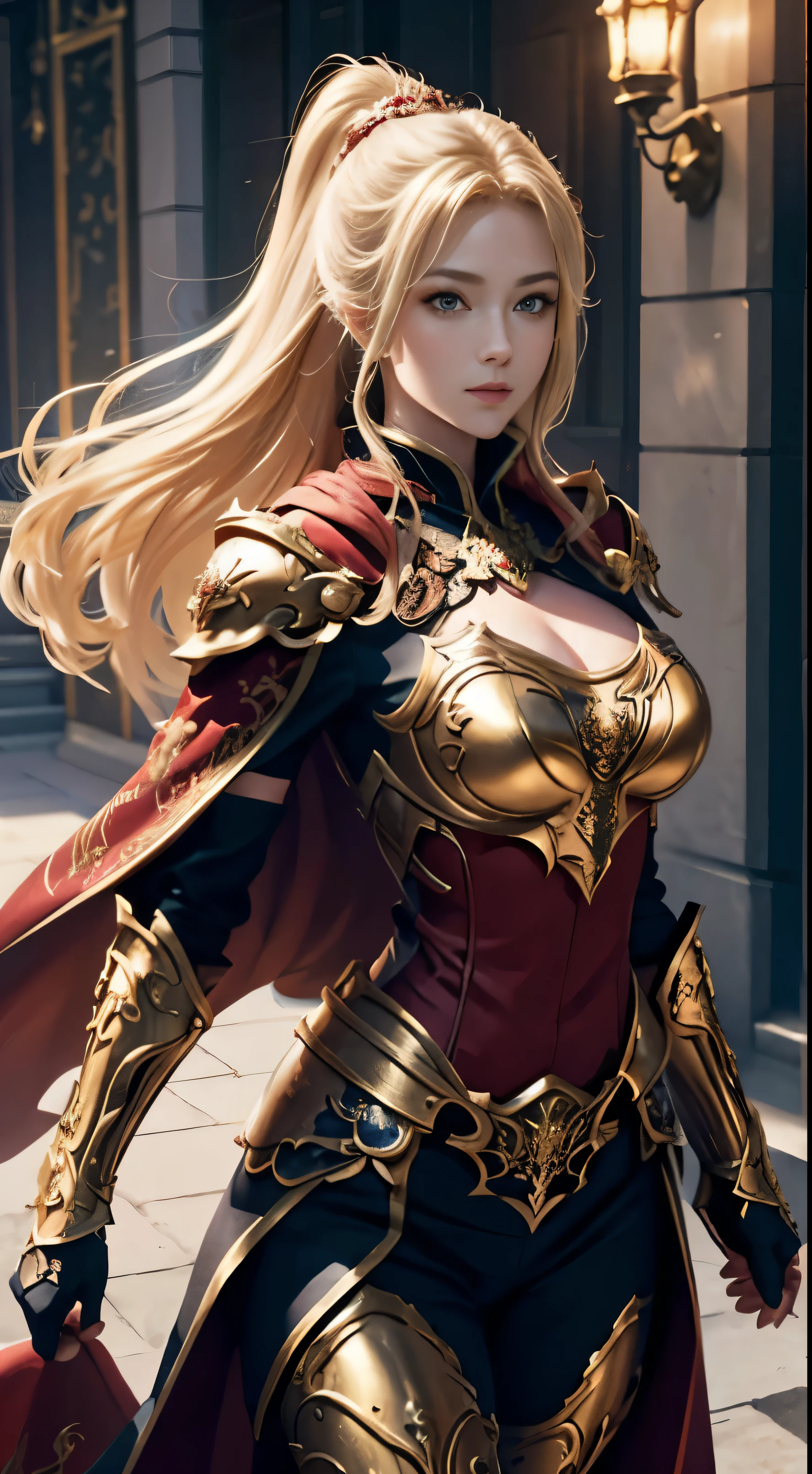 8K,Blonde girl wearing luxurious red, white, gold and blue chest armor, Super beauty(Like the real thing)real looking skin,美しいPrincess Knight,Blue eyes, Princess Knight, ((美しい幻想的なPrincess Knight)), An elegant , gorgeous princess paladin,  美しいPrincess Knight,超A high resolution,Masterpiece,A hyper-realistic,Fantasyart,curacter art,cinestill 800,alluring glance,A sexy,a closeup,A sexyな胸鎧,細くwell-muscledな身体,combat scene,action scene,actionpose,Equipped with a rapier on the waist,Royal coat of arms carved into the chest armor,red and white luxurious cloak,Fight enemies,slender body,well-muscled,gorgeous red and black pants(Golden embroidery),huge round chest,Juvenile look,Rugged look,身長が低いPrincess Knight, small waist, huge breast, breast armor