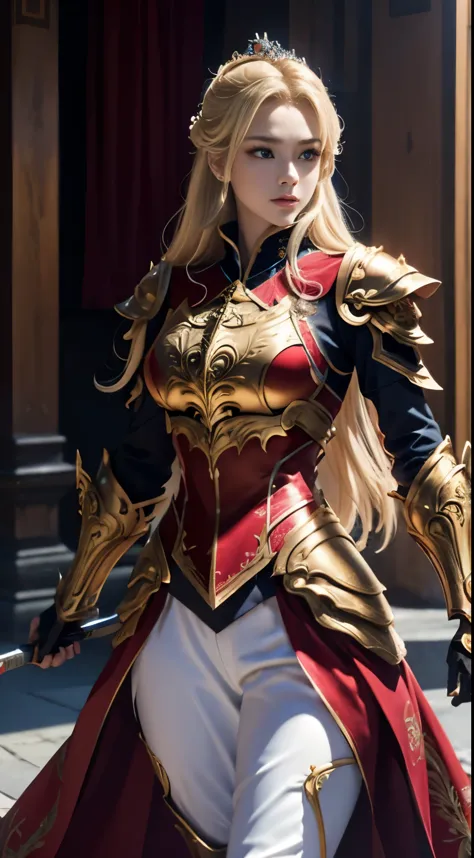 8K,Blonde girl wearing luxurious red, white, gold and blue chest armor, Super beauty(Like the real thing)real looking skin,美しいPr...