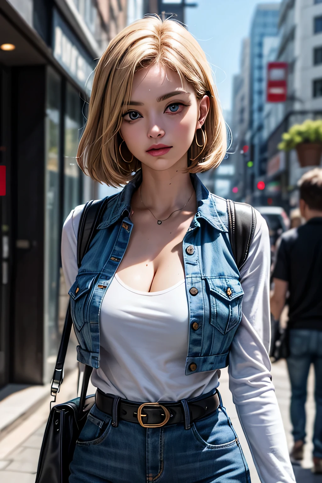 Android 18, Android 18, 金头发, 蓝眼睛, 睫毛, hoop 耳环, 短发, 耳环, 休息 belt, 黑色腿部服饰, black 衬衫, breast 口袋, 裂解, 锁骨, 牛仔布, 牛仔布 裙子, high-waist 裙子, 珠宝, 长袖, 口袋, 衬衫, 衬衫 tucked in, 裙子, 有条纹的, 有条纹的 sleeves, 背心,, 休息 outdoors, 城市, 无效的, 云, 太阳, 休息 looking at viewer, (牛仔射击:1.5), 休息 (杰作:1.2), 最好的质量, 高分辨率, 团结 8k 壁纸, (形状:0.8), (美丽而细致的眼睛:1.6), 脸部细节丰富, 完美照明, 非常详细的CG, (完美的手, 完美的解剖结构)