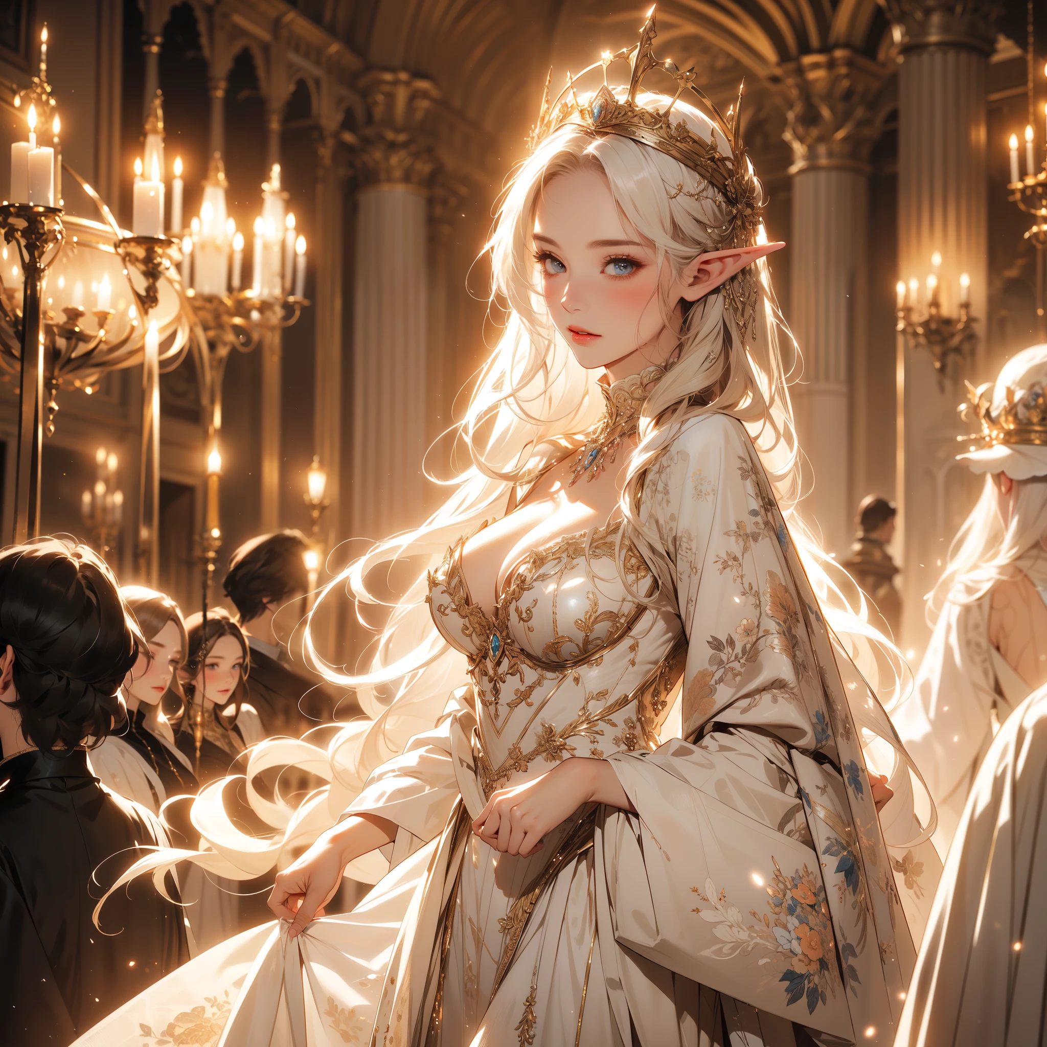 ((8k wallpaper of extremely detailed CG unit, ​masterpiece, hight resolution, top-quality, top-qualityのリアルテクスチャスキン)), (very beautiful and attractive elf queen),
In the grandeur of the palace, an ((elf)) queen strides down the hall with regal grace, flanked by a procession of ((knights standing at attention)). Their gestures of respect serve as a testament to the reverence they hold for their sovereign, (regal presence:1.2), (palace ambience), (detailed queen attire, dress gown over a turtleneck), ((respectful knights:1.3)), (royal atmosphere), (artistic presentation), (focused depth of field:1.2), (majestic aura:1.15), fantasy, by Yoji Shinkawa, detailed face,  (messy, white shining hair, blue eyes, shining eyes, Plump lips, white-skinned, medium breast)