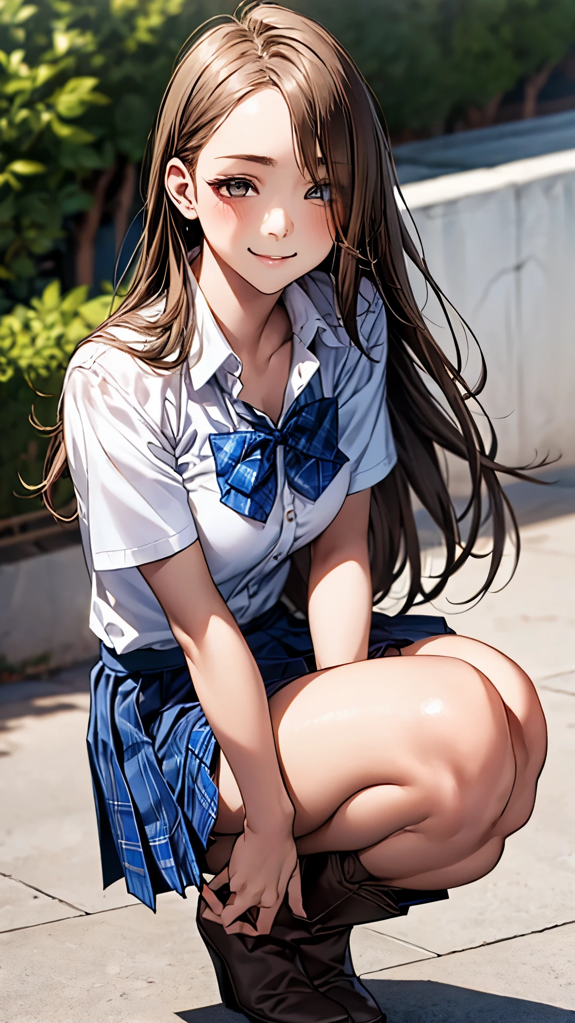 (masterpiece:1.2, top-quality), (realistic, photorealistic:1.4), beautiful illustration, (natural side lighting, movie lighting), 
looking at viewer, 1 girl, japanese, high school girl, perfect face, cute and symmetrical face, shiny skin, slender,
(middle hair:1.5, straight hair, light brown), parted bangs, long eye lasher, large breasts:0.8, 
beautiful hair, beautiful face, beautiful detailed eyes, beautiful clavicle, beautiful body, beautiful chest, beautiful thigh, beautiful legs, beautiful fingers, 
((short sleeve collared white shirt, , blue checked pleated skirt, blue plaid bow tie), white boots), pink panties, 
(beautiful scenery), morning, (down town), squatting, (cute, lovely smile, upper eyes), 
