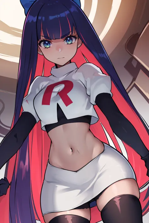 ((extreme detail)),(ultra-detailed),(painting), chiaroscuro, extremely detailed CG unity 8k wallpaper, best quality, anarchy stocking, hair bow, black adjusting hair, simple background, team rocket,team rocket uniform,white skirt,red letter R,crop top,blac...