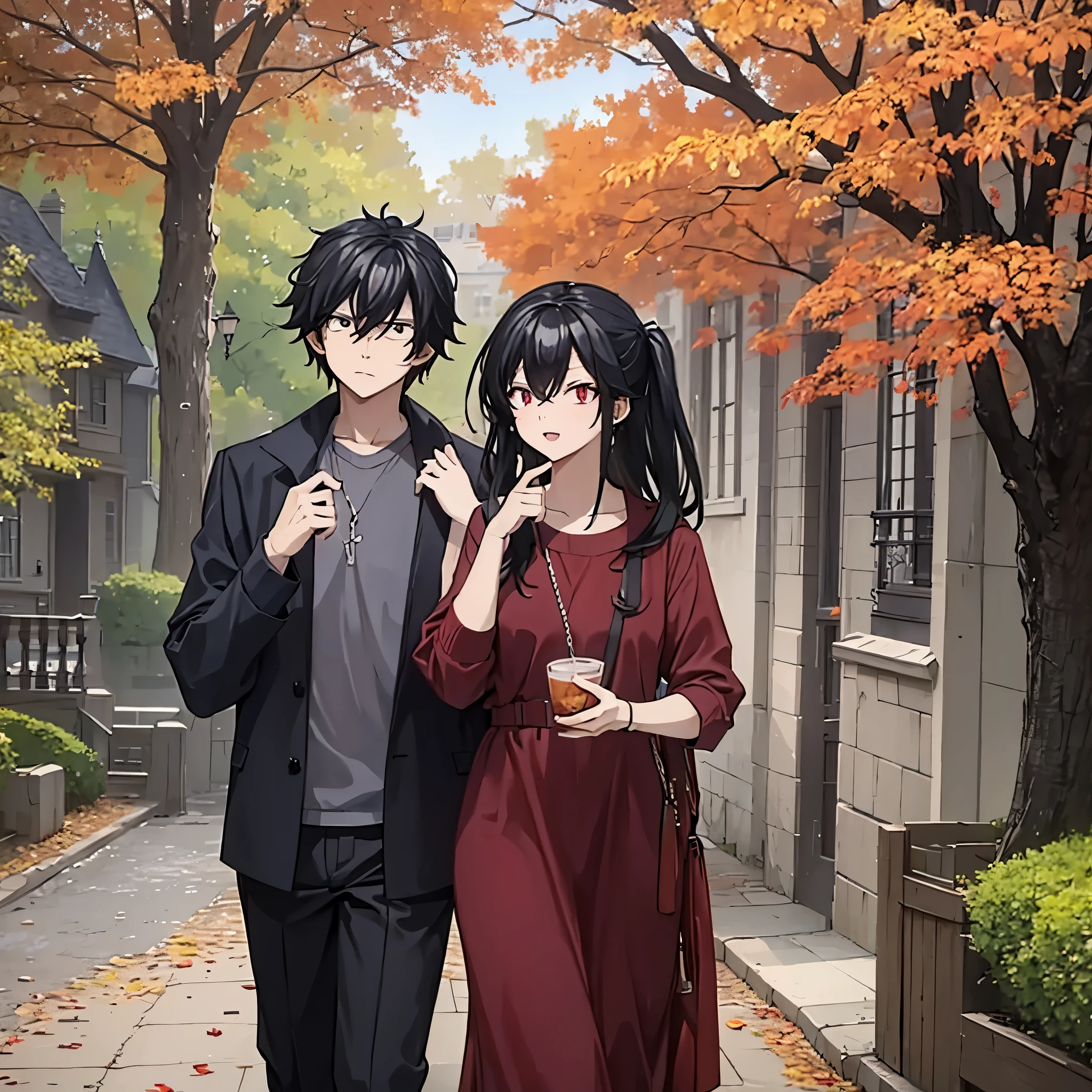 a man together with his wife(eye red) in casual clothes in an autumn themed park
