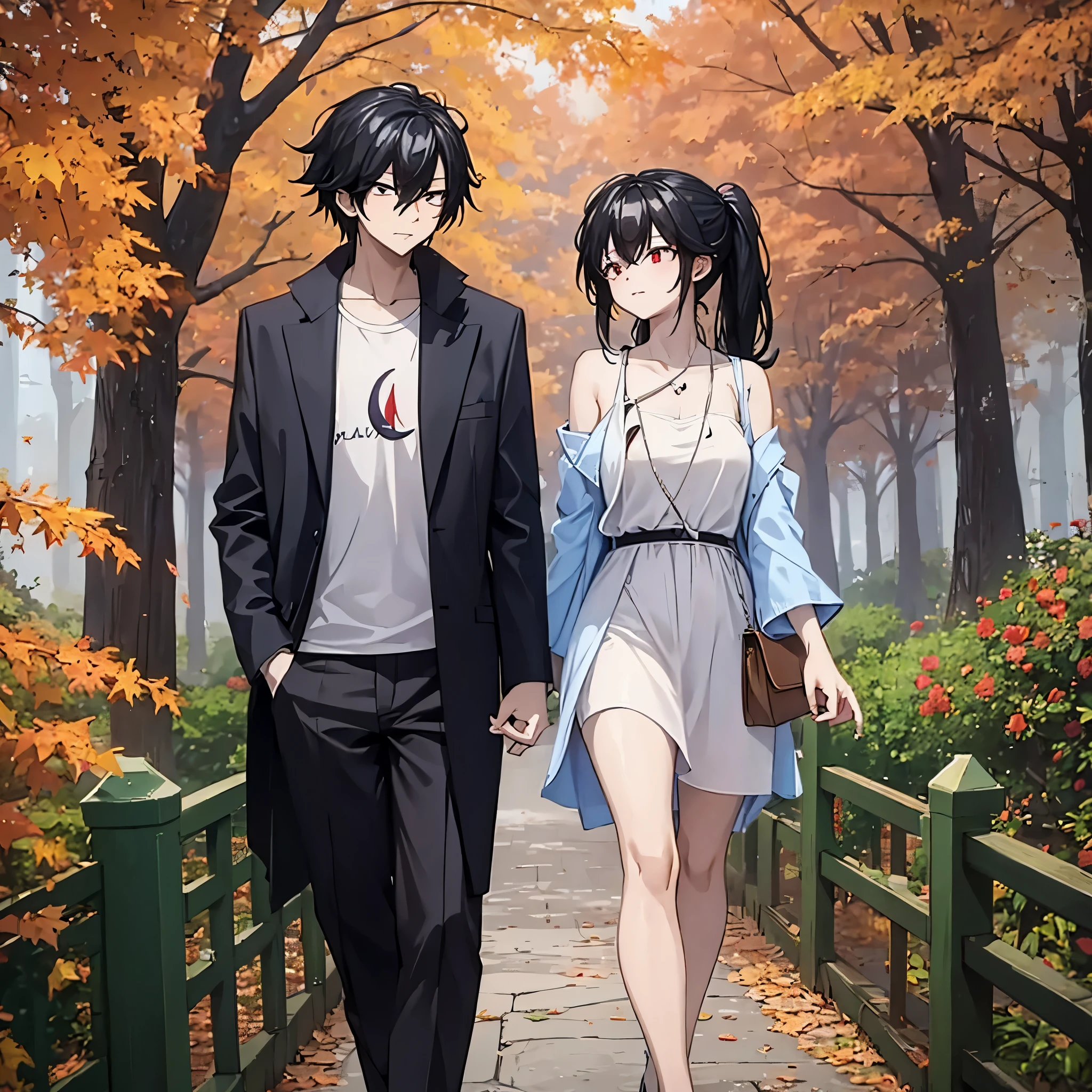 a man together with his wife(eye red) in casual clothes in an autumn themed park
