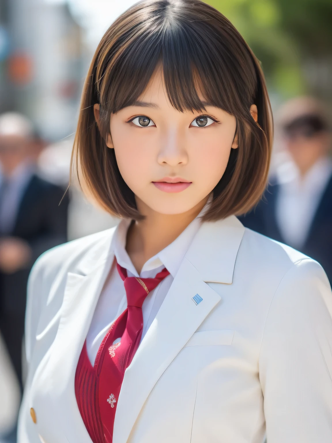 ((highest quality, 8K, masterpiece :1.3)), sharp focus :1.2, beautiful woman with perfect figure :1.4, thin abs :1.2, ((layered haircut, big breasts :1.2)), (Blazer over a very thin white button-up shirt :1.1), city street:1.2, Highly detailed face and skin texture, fine eyes, double eyelid、whole body、short hair、A cute 13-year-old woman of half Thai and Japanese descent..、tanned skin
