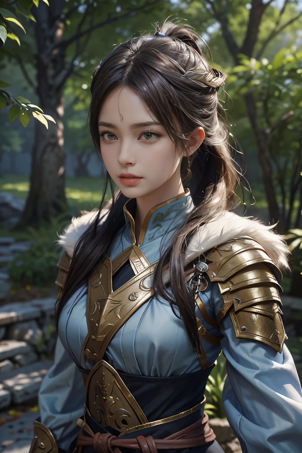 Game art，The best picture quality，Highest resolution，8K，(A bust photograph)，(Portrait)，(Head close-up)，(Rule of thirds)，Unreal Engine 5 rendering works， (The Girl of the Future)，(Female Warrior)， 
20-year-old girl，((Hunter))，An eye rich in detail，(Big breasts)，Elegant and noble，indifferent，brave，
（Medieval-style fur combat clothing，Glowing magic lines，Animal skin clothing with rich detailedieval Lady Knight，Medieval ranger，
Photo poses，Simple background，Movie lights，Ray tracing，Game CG，((3D Unreal Engine))，oc rendering reflection pattern