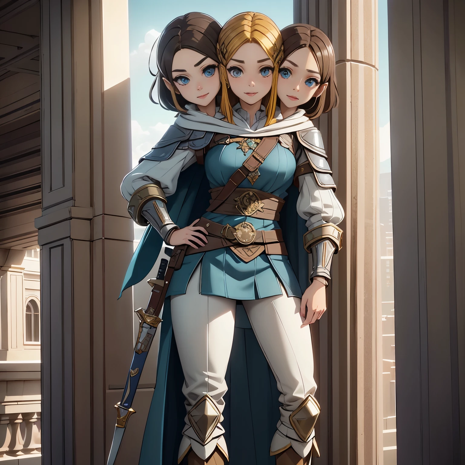 ภาพถ่ายเต็มตัวของ Princess Zelda, ผมสีน้ำตาล, ดวงตาสีฟ้า, แต่งตัวเป็นนักฆ่าจาก Assassins Creed, สีขาว+สีทองพร้อมหน้ากากสีขาวและฮู้ดพร้อมรายละเอียดสีทอง, รอบอก.xl, โดยใช้ใบมีดข้อมือ. พื้นหลัง: เมืองในยุคฟื้นฟูศิลปวิทยา. เครื่องยนต์อันเรียล 5, อะนิเมะ, อะนิเมะ style, ผลงานชิ้นเอก, ดึงดูดสายตาได้ดี, ใบหน้าที่วาดได้ดี, ดวงตาที่มีรายละเอียดดี, ใบหน้าที่มีรายละเอียดดี, 8k, เอฟเฟกต์แสงและเงา.  (สองหัว)