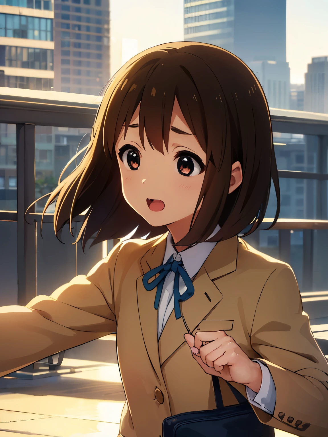 1girl, (((masterpiece))), top-quality, top-quality, High Details, hirasawa yui, 1girl, Sakuragaoka High , student clothes, short hair, A brown-haired, brown-eyed, solo, reddish, Dark blue blazer with thin blue ribbon, Solid white buttoned shirt under blazer, illustratio, comic strip, soothing tones, Subdued Color, Soft cinematic light, adobe lightroom, photolab, HDR, intricately and hyper-detailed、(((depth of fieldasterpiece)))。(((top-quality))).)((Ultra-detail)))。(((illustratio)))。(((takeout))).dynamic focus.big breasts.(((Skyscrapers))).(((A city scape))).(((Face of happiness))). open mouth.(((fighting stance))).(((up chest))).((afternoon glow)).((the setting sun)).