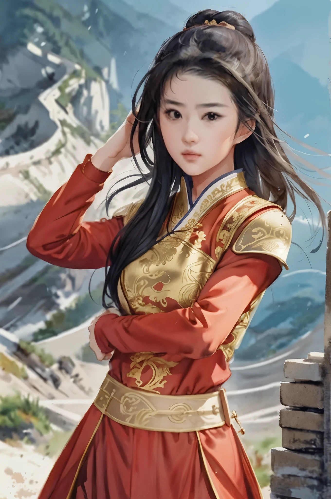 liuyifei, portrait of 1girl, Solo, red shirt, Chinese armor, flat chest, kangfu pose, chinese landscape, Simple background, (white background:0.9),