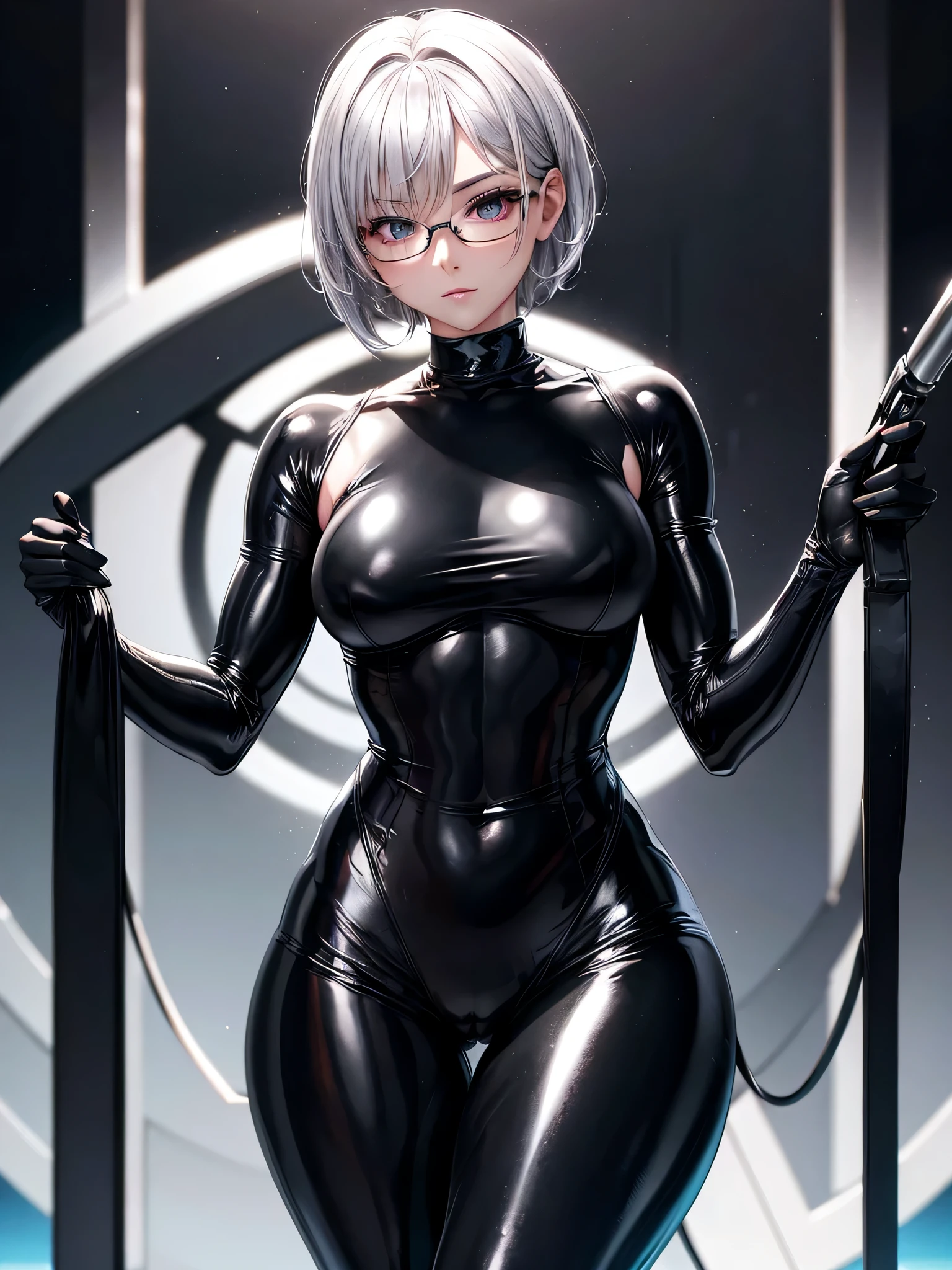 Top quality 8K UHD、short hair、pieces fly、cute eyes、silver hair、Glasses、logic、Full body gloss、Beautiful woman wearing a full-body black metallic suit、A black rubber suit that hides your lustrous skin