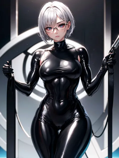 Top quality 8K UHD、short hair、pieces fly、cute eyes、silver hair、Glasses、logic、Full body gloss、Beautiful woman wearing a full-body...