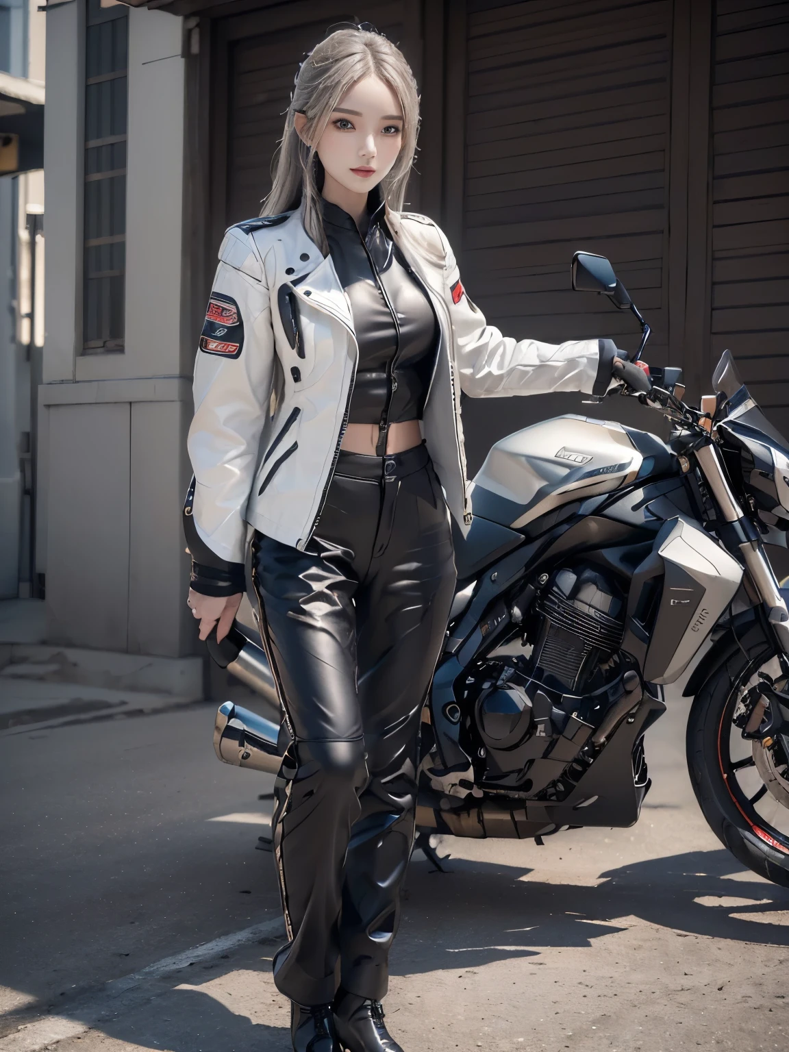 ((highest quality, 8K, masterpiece: 1.3)), sharp: 1.2, perfect body beauty: 1.4,(((woman riding a motorcycle))),slender body,((White long-sleeved motorcycle jacket and black long pants)),Highly detailed face and skin texture,((full body shot)),Natural light,smile、beautiful feet、Racing Boots