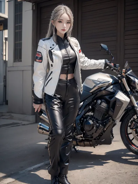 ((highest quality, 8K, masterpiece: 1.3)), sharp: 1.2, perfect body beauty: 1.4,(((woman riding a motorcycle))),slender body,((W...