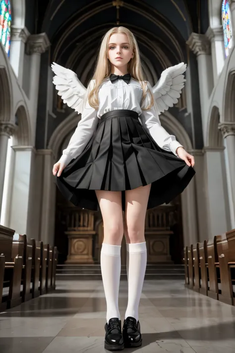 masterpiece, best quality, hyperrealistic, cinematic photo, 14 year old angel, with black wings, pale skin, italian amazing slim...