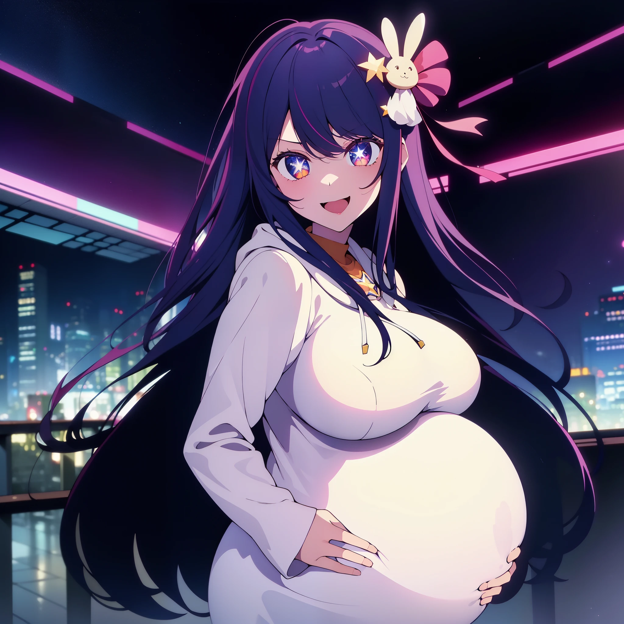 A pregnant woman in a white dress standing in front of a city - SeaArt AI