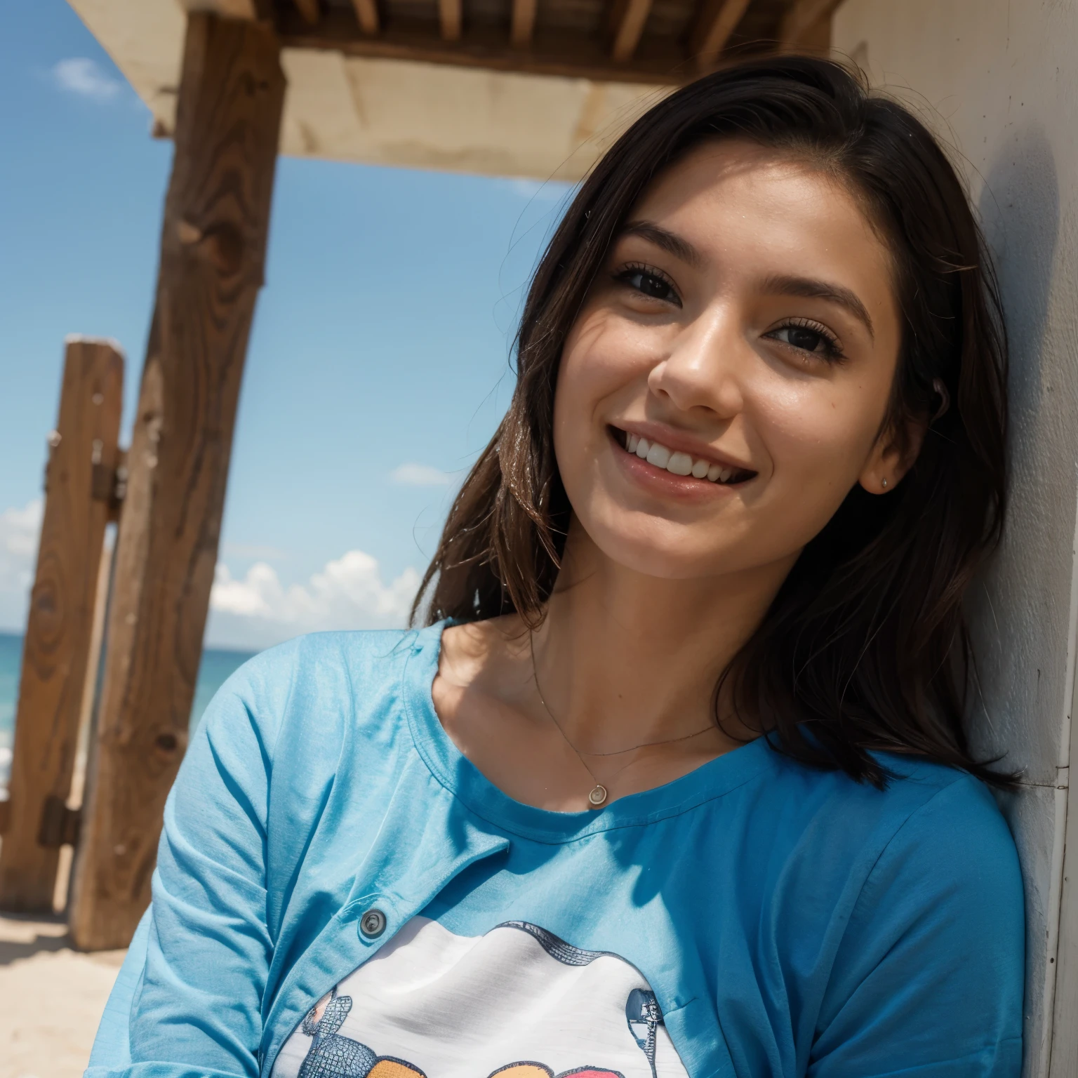 Mujer sonriente apoyada contra una pared en una playa con una camisa azul -  SeaArt AI