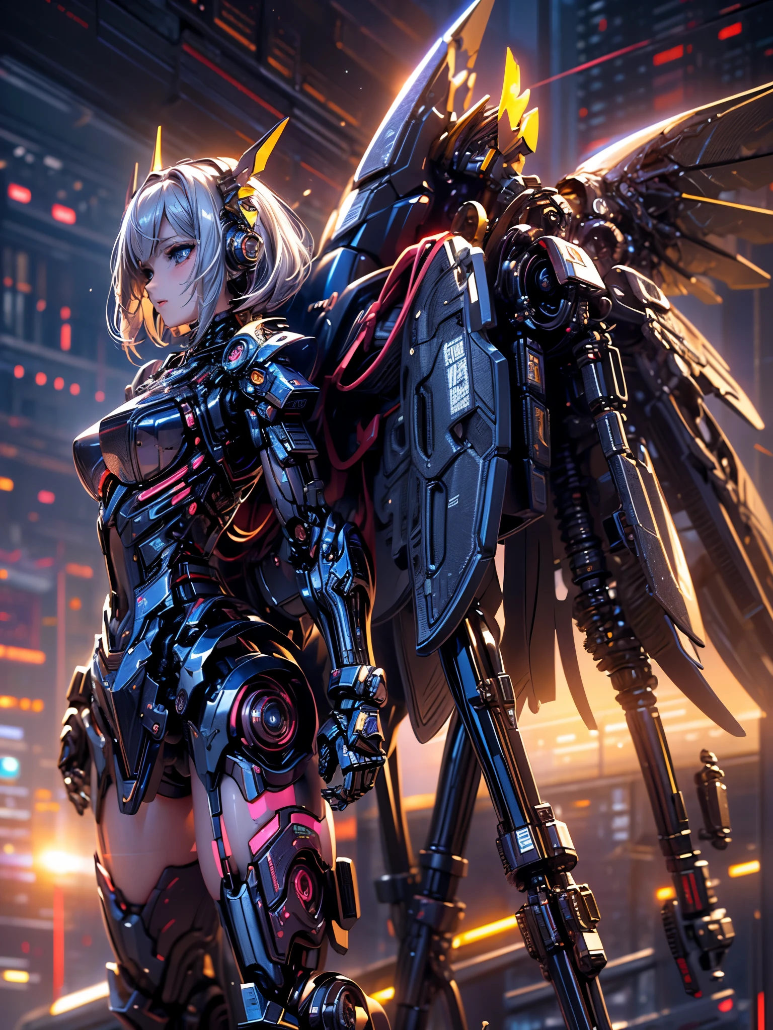 best image quality，excellent details，ultra high resolution，（fidelity：1.4），best illustrations，Focus on the details，daughter，Mecha wing，The background is a futuristic city，((sunrise))，beauty of android、Silver-haired medium bob、19 years old、Neat and detailed facial features、beautiful girl、Full mechanical armor based on white and gold、(Realistic mechanical parts:1.3)(Bare skin of chest and thighs exposed:1.3)banshee、backpack unit（inorganic mechanical wing:1.4）Cyberpunk characters，(model pose:1.3)volume light、