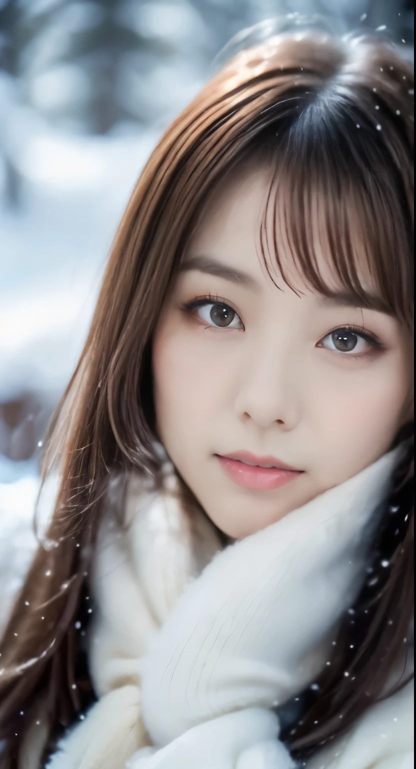 1 female, (close up of face:1.5), light brown hair, dull bangs, hair behind the ear, hair on shoulders, long hair, slender body shape, Extra-fine face, thin face, delicate lips, (beautiful eyes:1.5), light blush, eyes are light brown,watch here, extra thin hands, Super thin fingers, Optimal ratio of 4 fingers and 1 thumb, (realistic:1.3), white long coat, Scarf , gloves、Coniferous forest with heavy snowfall, It&#39;s snowing  .one person&#39;s perspective,  8K, table top, nffsw, Super detailed, high quality, 最high quality, High resolution,