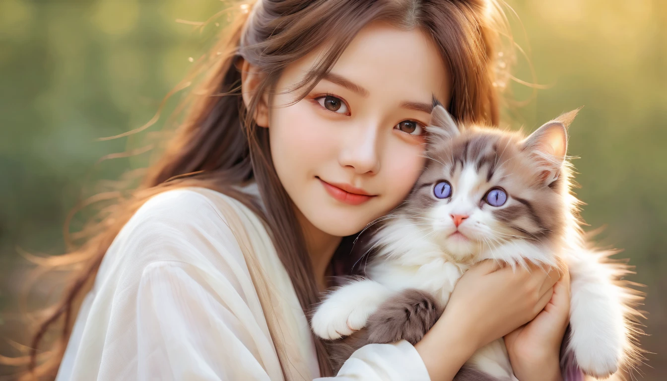 「Beautiful woman like realistic photo、Has double patchy purple eyes、Smiling gracefully with long brown hair、Generate images depicting an adorable kitten cuddling scene。Women's eyes glow dark purple、Long brown hair flutters gracefully in the wind。Kittens with fluffy fur、It's full of cuteness。The background is a bright area with natural light、It's a heartwarming atmosphere