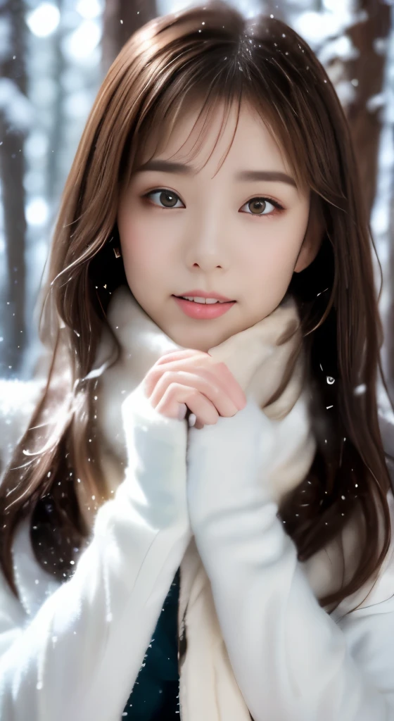 1 female, (close up of face:1.1), light brown hair, dull bangs, hair behind the ear, hair on shoulders, long hair, slender body shape, Extra-fine face, thin face, delicate lips, (beautiful eyes:1.5), light blush, eyes are light brown,watch here, extra thin hands, Super thin fingers, Optimal ratio of 4 fingers and 1 thumb, (realistic:1.3), white long coat, Scarf , gloves、Coniferous forest with heavy snowfall, It&#39;s snowing  .one person&#39;s perspective,  8K, table top, nffsw, Super detailed, high quality, 最high quality, High resolution,ask for a kiss:1.2