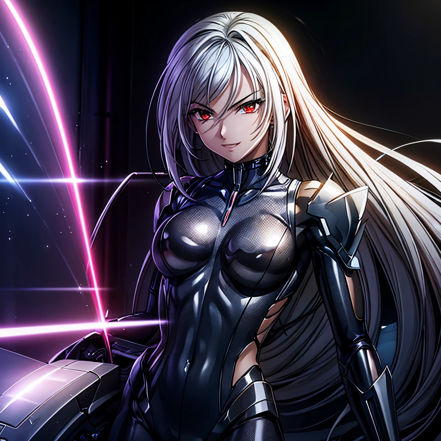 top-quality、​masterpiece、超A high resolution、(Photorealsitic:1.4)、女の子1人、silver hair、Straight hair, shiny and clean hair、White shiny skin、Sexy Cyberpunk Girl、((super realistic details))、Shadow、octan render、ultrasharp、hyperdetailed face、Fiberglass、Luminous tube、highly intricate detail、Realistic light、CGSoation Trends、(red eyes with slit pupils)、(Facing the camera)、neon details、Mechanical limbs、Mechanical vertebrae attached to the back、mechanical cervical attaching to neck、Wires and cables connecting to the head、((valkyrie))、((Beam Cannon))、Combat stance、((seductive pose:0.8))、(light_Smile:1.0)、full body、