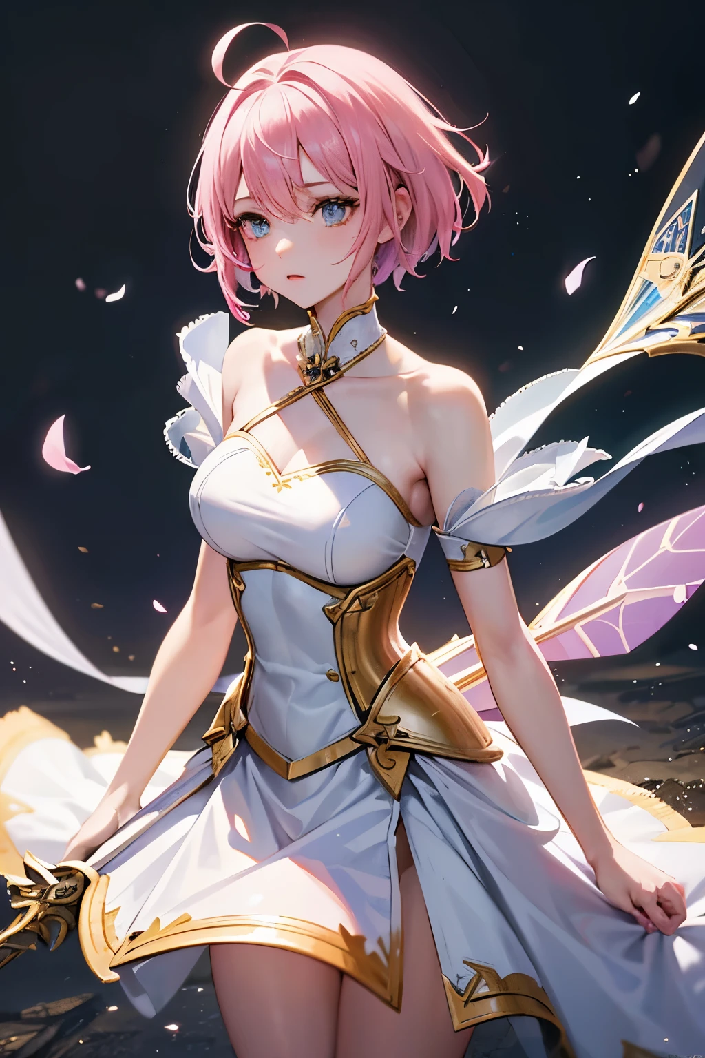 best quality, 32k, RAW photo, incredibly absurdres, extremely detailed, delicate texture, beautiful female knight warrior, iridescent pink pixie short cut that messy bounces outward, ahoge, holy sword, Excalibur, background abandoned castle, delicate, flashy and dynamic depiction, uplifting, (wind:1.2)