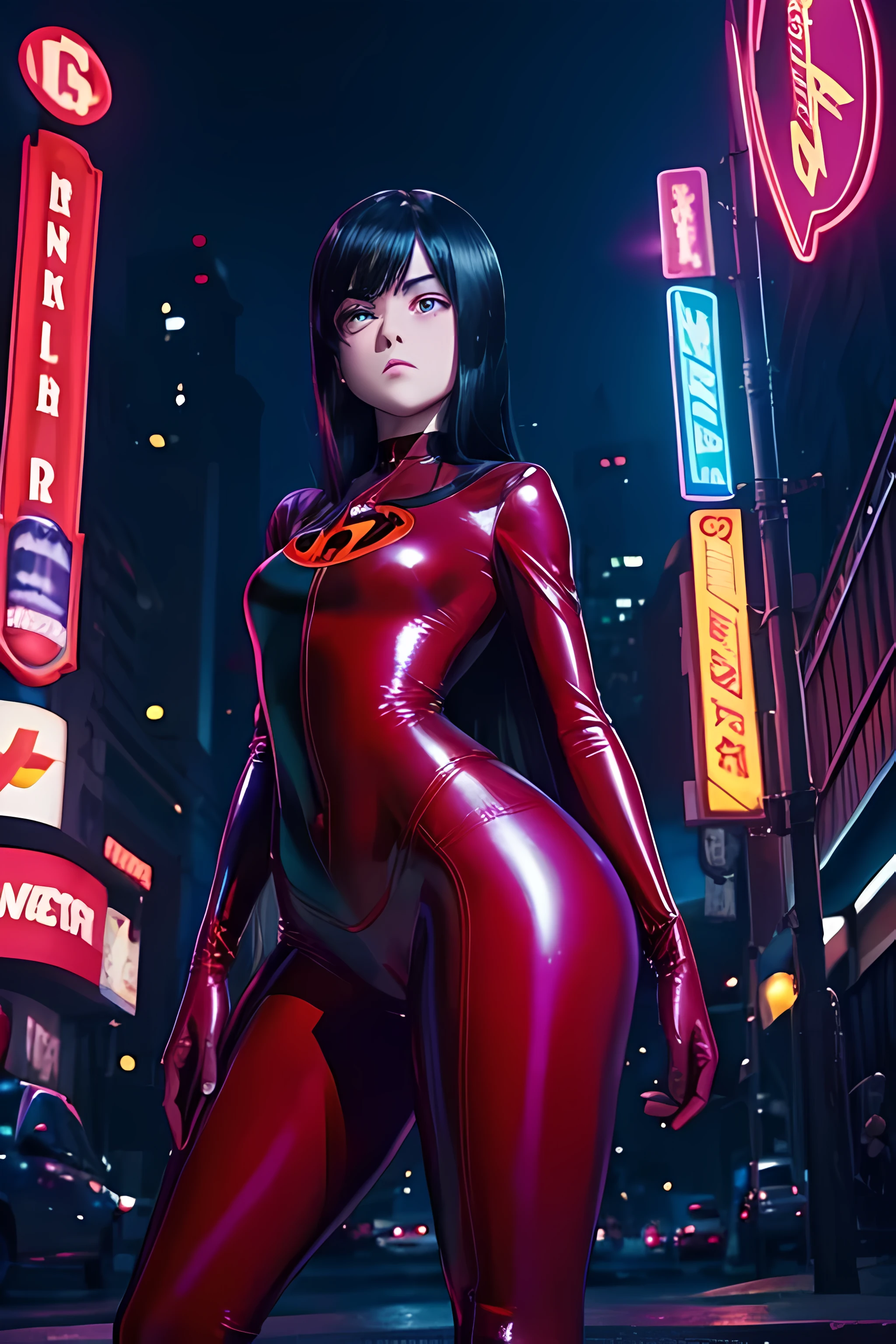 violet parr (pixar the incredibles) tight red latex suit, tall black boots and gloves . girl on the street on a corner, evening, landscape, scenery, Neon lighting, focus alone, close up, on one side, prostitutions
