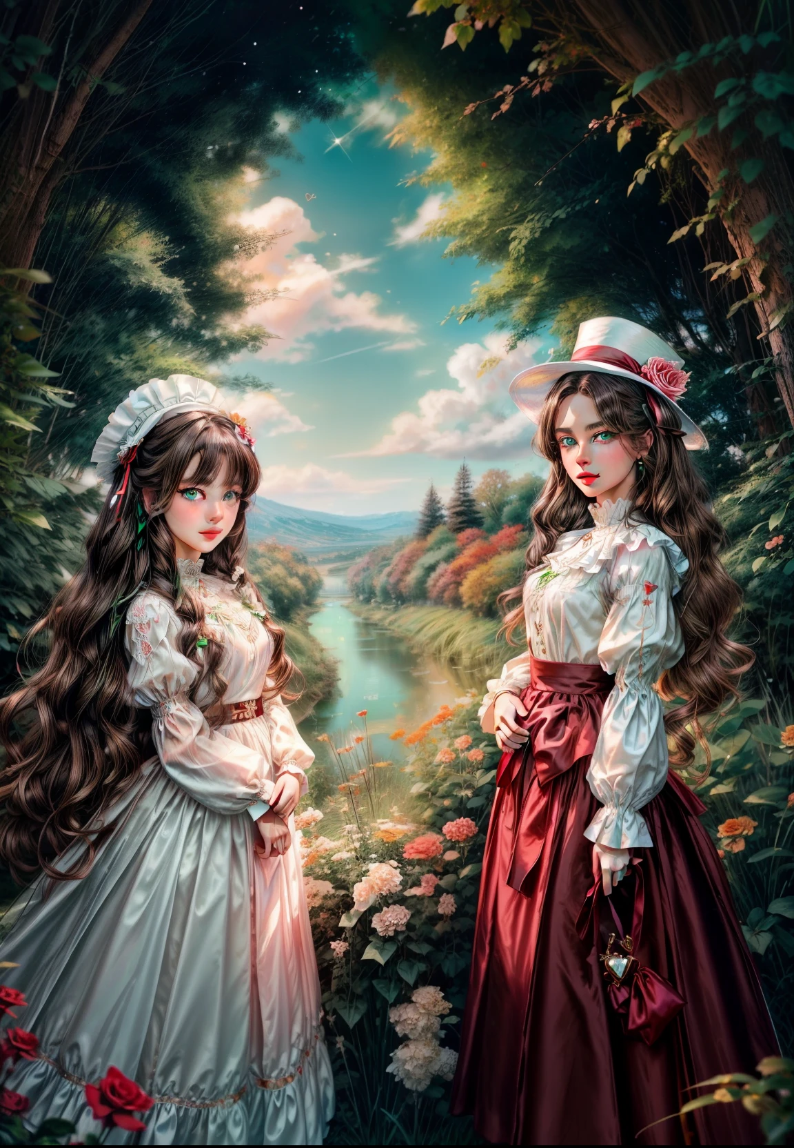 Emasterpiece, best quality, illustration, beautiful bright details, autumn, evening, riverbank, scenic beauty, water, clouds, colorful, flora, three girls, brown hair, blonde hair, side ponytail, (blue eyes: 1, 5), (green eyes: 1.5), (brown eyes: 1.5), long hair, (small breasts: 1.2), (hair ribbon, juliet sleeves, long sleeves, puff sleeves, dress white: 1.5, ruffle, top hat, black top hat, hat, flower on the hat,) looking at the viewer, sweet smile, blush, (masterpiece: 1.2), best quality, high resolution, Unity 8K wallpaper, ( illustration: 1.5), anime style, (beautiful detailed eyes: 1.6), extremely detailed face, perfect lighting, extremely detailed CG, (perfect hands, perfect anatomy), (dynamic pose, dynamic angle: 1.1), nadja, heart brooch red, jewels,a women and a little gir standing next to each other on a sidewalk, alena aenami and lilia alvarado, fashion model, modeling for dulce and gabanna, full body cute young lady, two models in the frame, two girls, thighhighs and skirt, tall and slim, gorgeous young model, tyle of julia razumova, beautiful model girl
