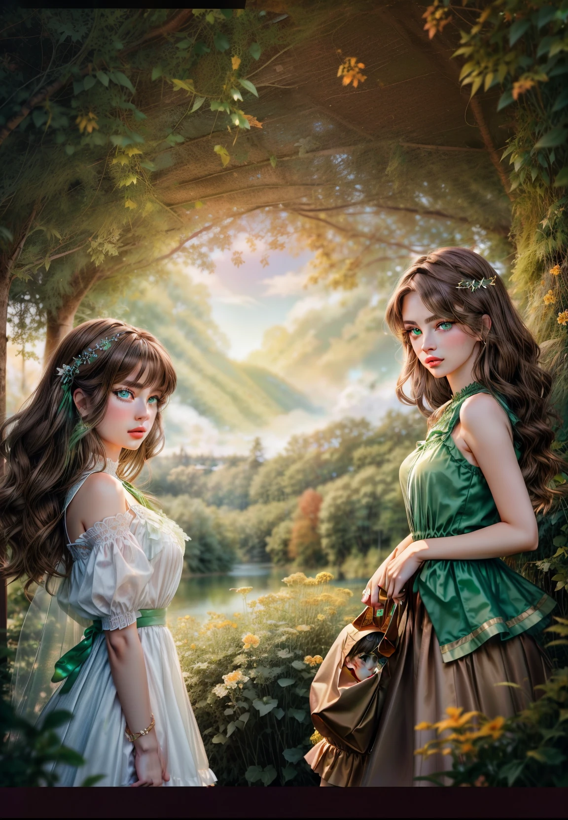 Emasterpiece, best quality, illustration, beautiful bright details, autumn, evening, riverbank, scenic beauty, water, clouds, colorful, flora, three girls, brown hair, blonde hair, side ponytail, (blue eyes: 1, 5), (green eyes: 1.5), (brown eyes: 1.5), long hair, (small breasts: 1.2)p-quality: The image boasts a high resolution and an extraordinarily detailed depiction, capturing every minute texture and form with photorealistic precision (Photorealistic:1.4). RAW photography was employed to ensure the most authentic colors and tones. Facial focus: The camera zeroes in on the faces of the two s, capturing their delicate, expressive features with a soft light that brings out their natural beauty. The depth of field is kept high, ensuring that their faces remain the center of attention (center view). The scene: Two Italian girls, with one bent one knee slightly, stand in a sunlit courtyard. T, full body cute young lady, two models in the frame, two girls, thighhighs and skirt, tall and slim, gorgeous young model, tyle of julia razumova, beautiful model girl
