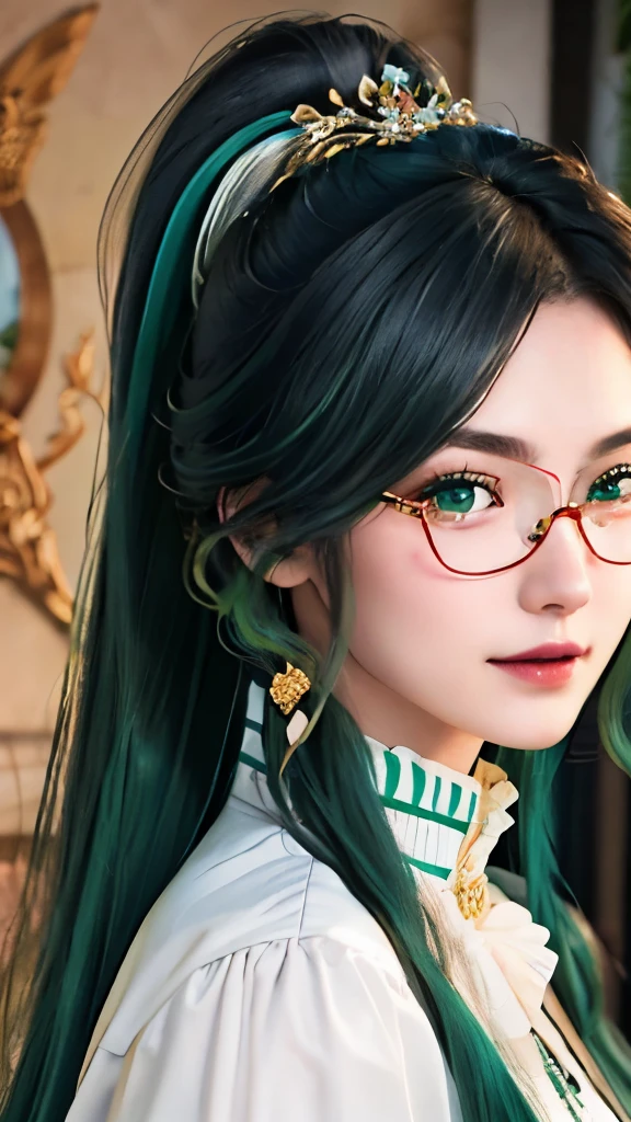 (light green eyes:1.2)、best smile、blue black hair，mixed green hair、very long hair, Long ponytail，Good-looking hair accessories，light green eyes，red glasses，Red Half-rimmed Glasses，(original photography、top quality)、(realistic、Realism:1.3)、top quality、​Masterpiece、extremely delicate and beautiful、A hVery detailed、north african trade zone、sense of unity、2k wallpaper、Gorgeous、every detail is beautiful、​Masterpiece、Smile、top quality、HVery detailed ticker Unity 8K wallpapers、File size is huge、Super detailed、high resolution、Very detailed、1 female、slim、D cup、(black silk clothes:0.7)、(black stockings:1.2)、Look ahead、sharp focus、face close-up、pure face_v1:0.8 Long hair、Instagram、viewer&#39;s perspective