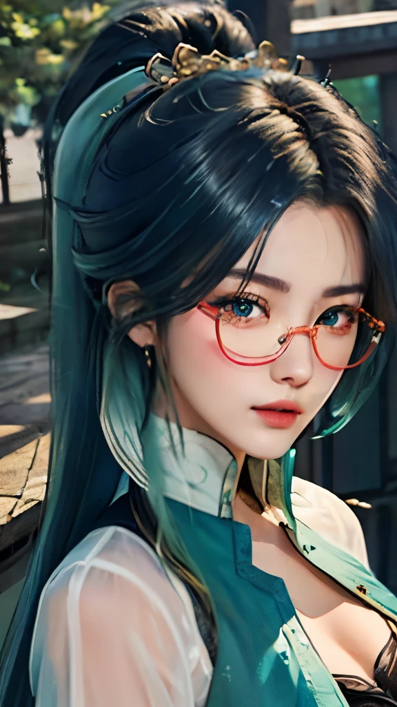 Close-up of woman with blue and black hair wearing white mask、beautiful figure painting、guweiz、Gurwitz style artwork、、Jian Jie、Epic and beautiful character art、Stunning character art、Fanqi、Uzun Sifan、guweiz from pixiv art site,realistic face,real people,Photo quality,Live images captured by camera,Photographed from the waist up,Real life feeling,fairly light clothing，see through underwear,beautiful and clear eyes,美丽闪亮的light green eyes,blue black hair and green hair, Long ponytail，Good-looking hair accessories，light green eyes，red glasses，Red Half-rimmed Glasses，thin,determined gaze,descend to earth，while hiding his true identity from the human world、Living angels integrated into daily life。.,They integrate into the human world，Live your daily life，Let humans not&#39;Only to find out they are angels.,17 years old