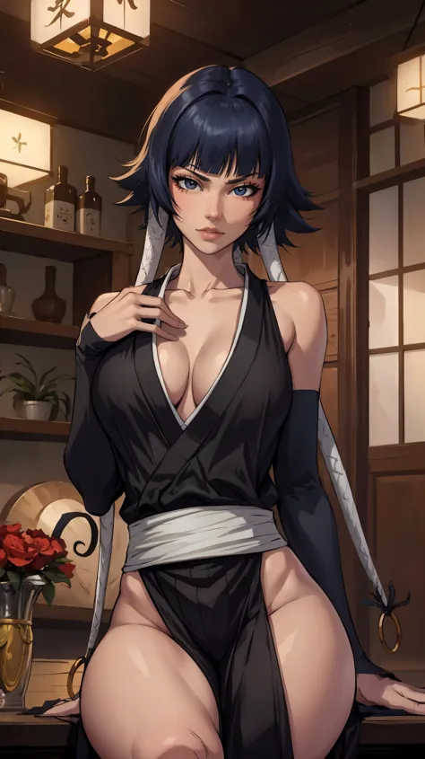 (masterpiece:1.2, best quality:1.2, beautiful, high quality, highres:1.1), detailed, extremely detailed 4K, perfect eyes, perfect face, perfect lighting, (1girl, solo, adult female, mature female), thin, lithe body, Soi Fon, (big breasts), ((cleavage, sens...