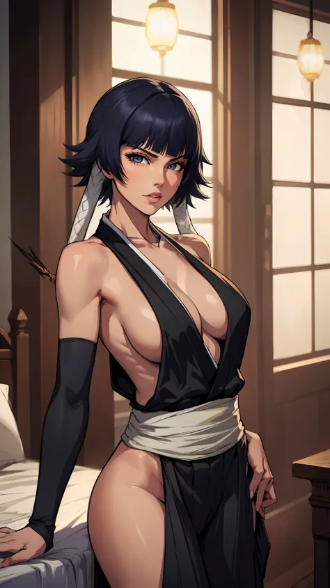 (masterpiece:1.2, best quality:1.2, beautiful, high quality, highres:1.1), detailed, extremely detailed 4K, perfect eyes, perfect face, perfect lighting, (1girl, solo, adult female, mature female), thin, lithe body, Soi Fon, (big breasts), ((cleavage, sens...