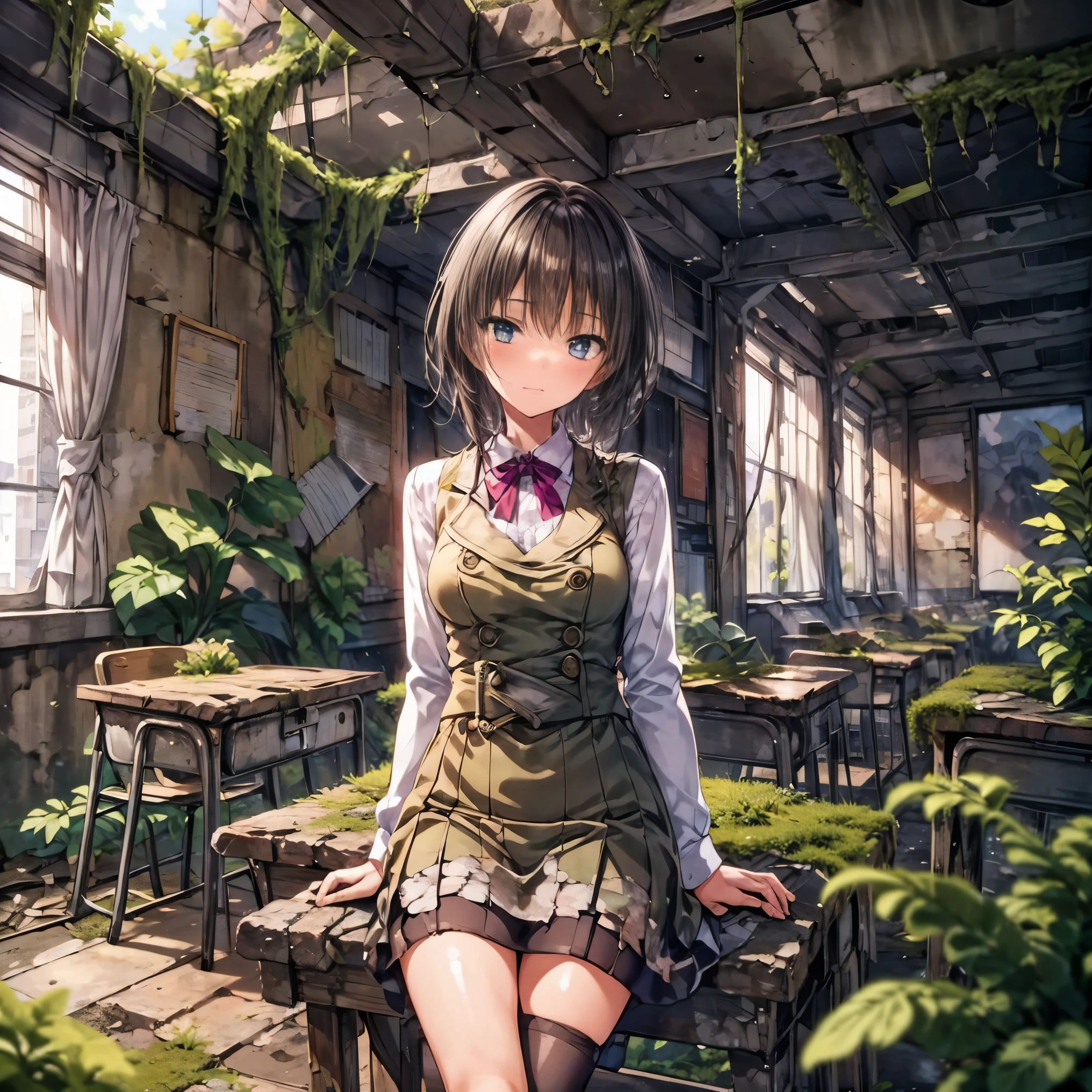 Concept art of a post-apocalyptic world with ruins, overgrown plants, flat chest，((the only girl who survived))，The content is very detailed,Detail view，anime，master piece，dilapidated building right sun，Dilapidated classrooms，Shabby table，Broken chair，open air，(covered with moss and grass)，3、Four&#39;afternoon clock，((Remains))，((A girl is sitting in the classroom and looking into the distance)),side，uniform，twisted braids，vanishing point, prospect, movie lighting，close-up shot shot