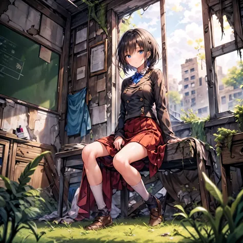 concept art of a post-apocalyptic world with ruins, overgrown plants, flat chest，((the only girl who survived))，the content is v...