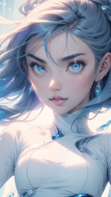 (1girl, solo:1.3), sexy, erotic, lewd, ice body, ice eyes, ice hair, ice tight dress, perfect face, detailed face,  lots of deta...